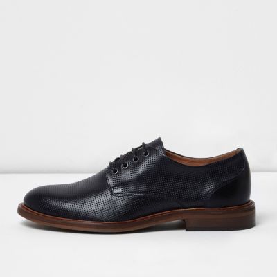 Navy blue textured leather lace-up shoes